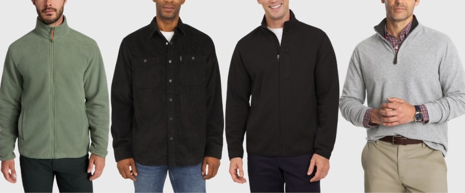 man wearing a full zip fleece jacket, flannel shirt, full zip sweater and quarter zip sweater
