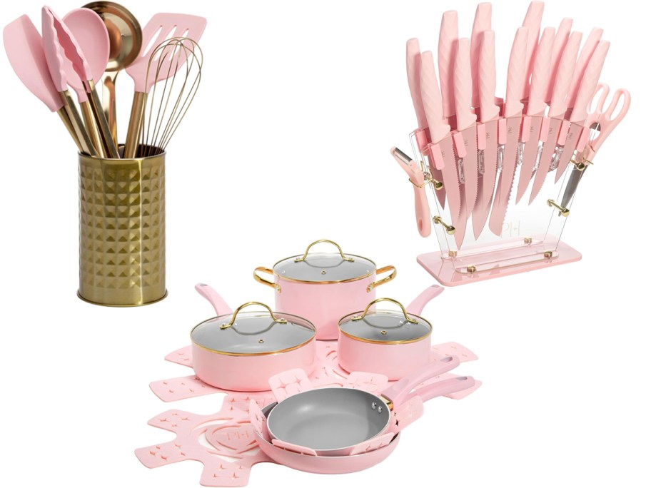 pink kitchen utensil set, knife set and pots and pan set 