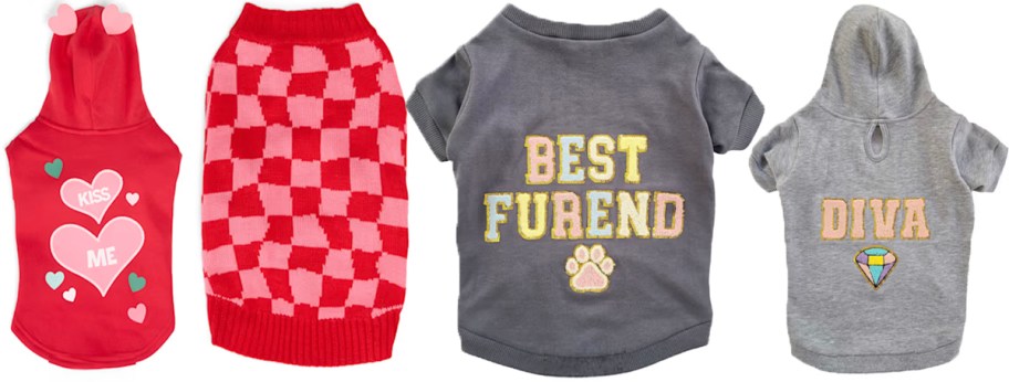 two red and two gray dog sweaters