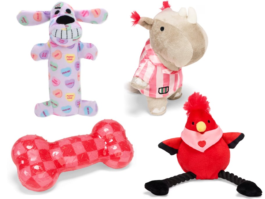 dog, rhino, bone, and bird dog toys 