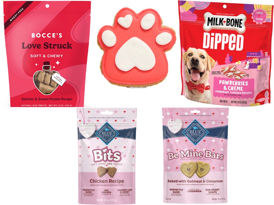 4 bags of valentines dog treats and paw cookie