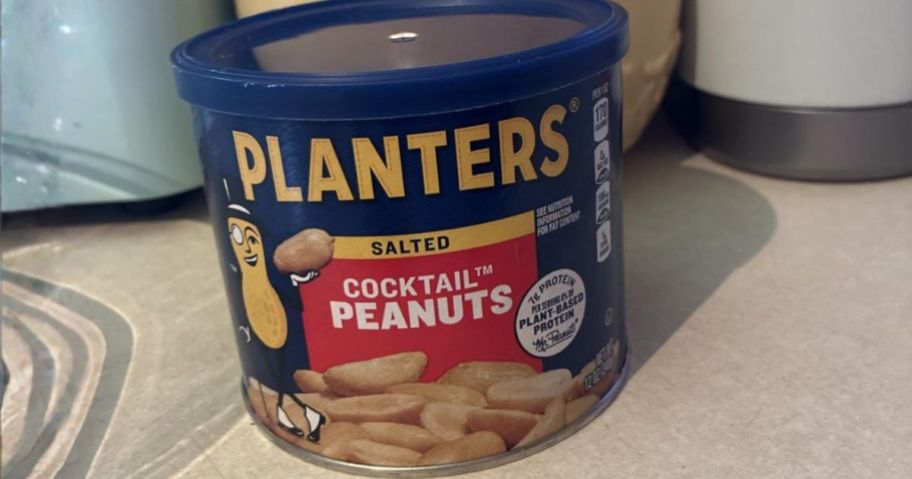 Planters Cocktail Peanuts 12oz can on counter