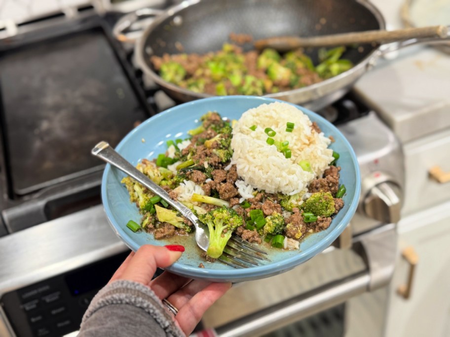 plate with skillet ground beef and broccoli meal with rice 