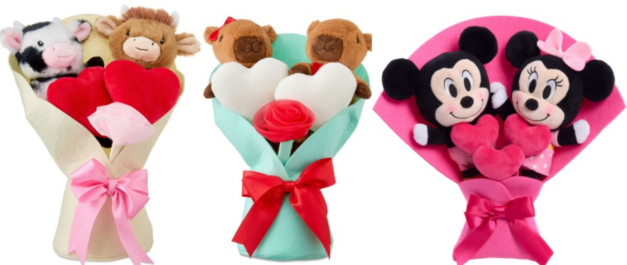 A cow plush bouquet, a capybara plush bouquet and a Mickey & Minnie plush bouquet.