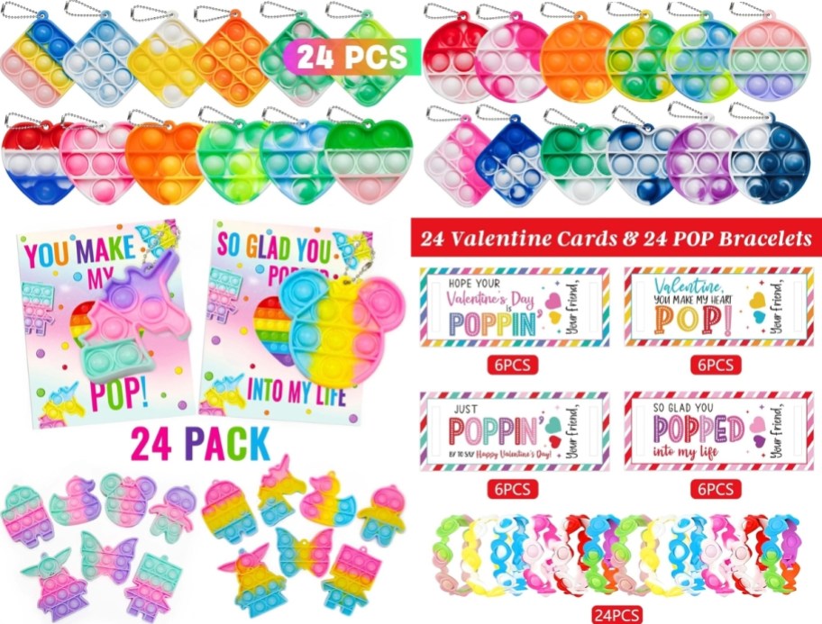 three 24 count packs of pop its keychains and bracelets