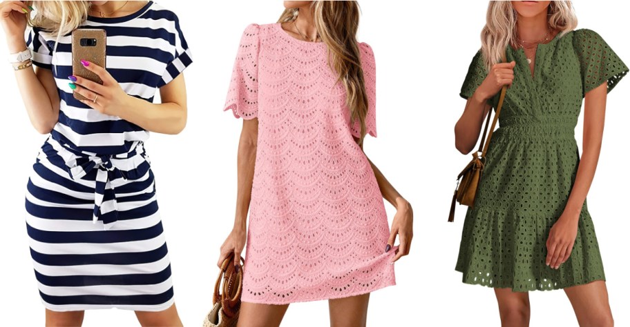 Three outfits are shown: a navy and white striped belted dress, a pink lace dress with scalloped edges, and a green eyelet dress.