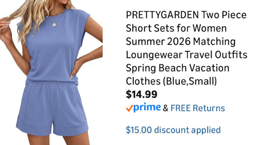 woman wearing blue lounge set next to Amazon pricing information