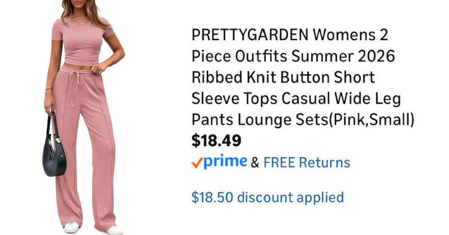 woman wearing pink outfit next to Amazon pricing information