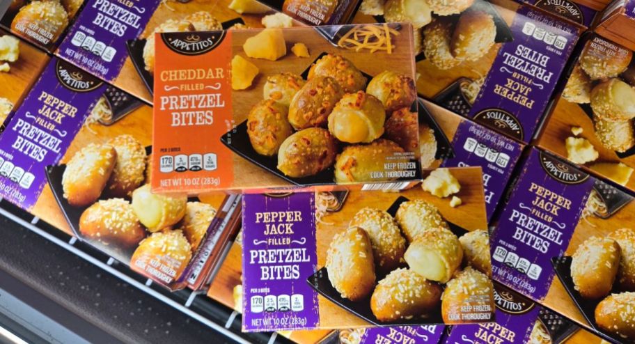 two different boxes of pretzel bites in different flavors at the store