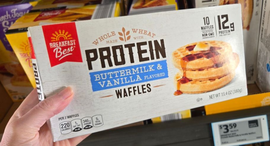 hand holding protein waffles