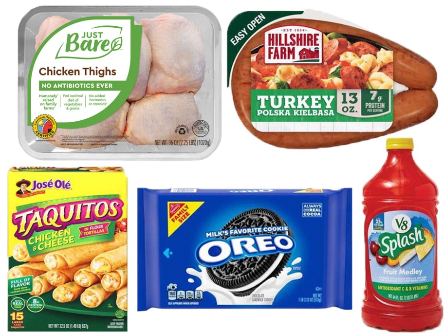 chicken, sausage, taquitos, oreos, and v8 splash 
