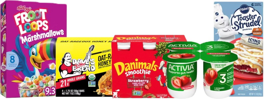 froot loops cereal, daves bars, danimals and activita yogurt and pillsbury toaster strudels