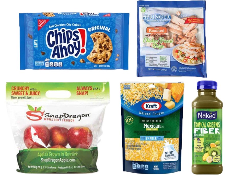 Chips Ahoy Cookies, Chicken Breast, Apple, Kraft Shredded Cheese, Naked Smoothie 