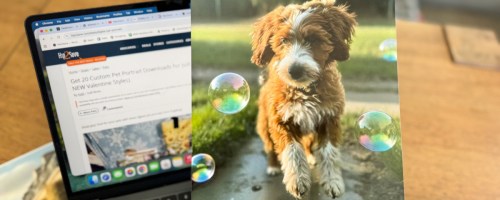 hand holding a stylized picture of a dog above a laptop