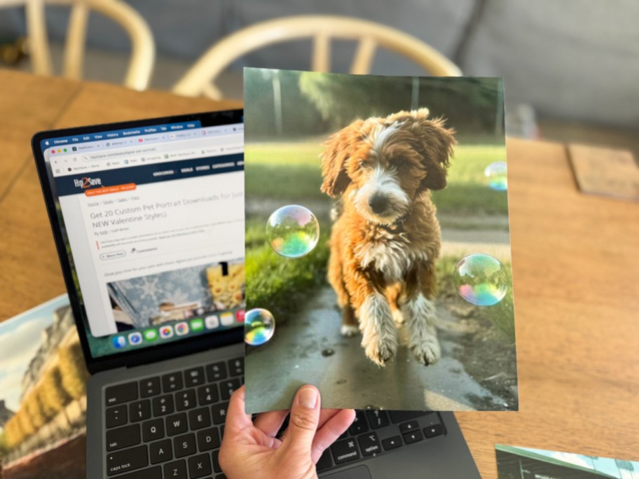 hand holding a stylized picture of a dog above a laptop