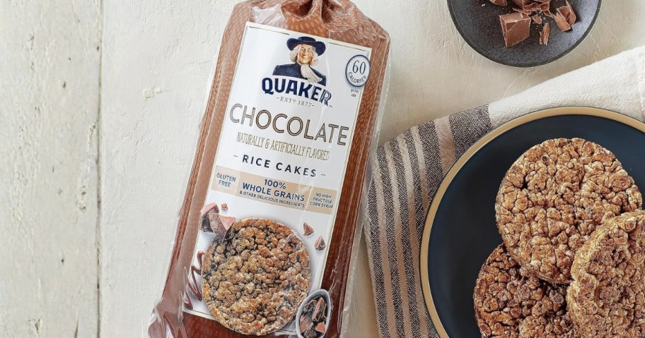 a bag of Quaker chocolate rice cakes next to some on a plate