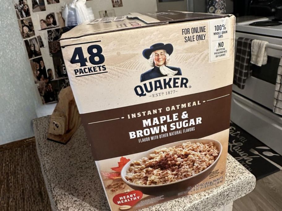 Quaker Instant Oatmeal 48-Count box on counter in kitchen
