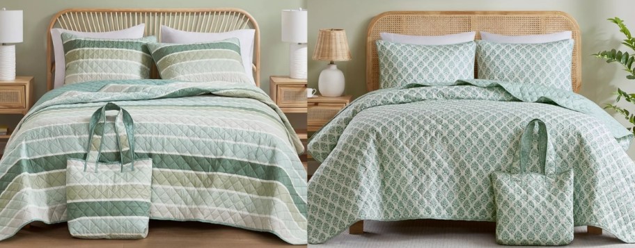 two quilted coverlet sets in shades of green