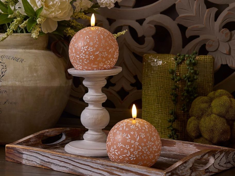 peach Home Reflections S/2 Flameless Spring Carved Spheres on table