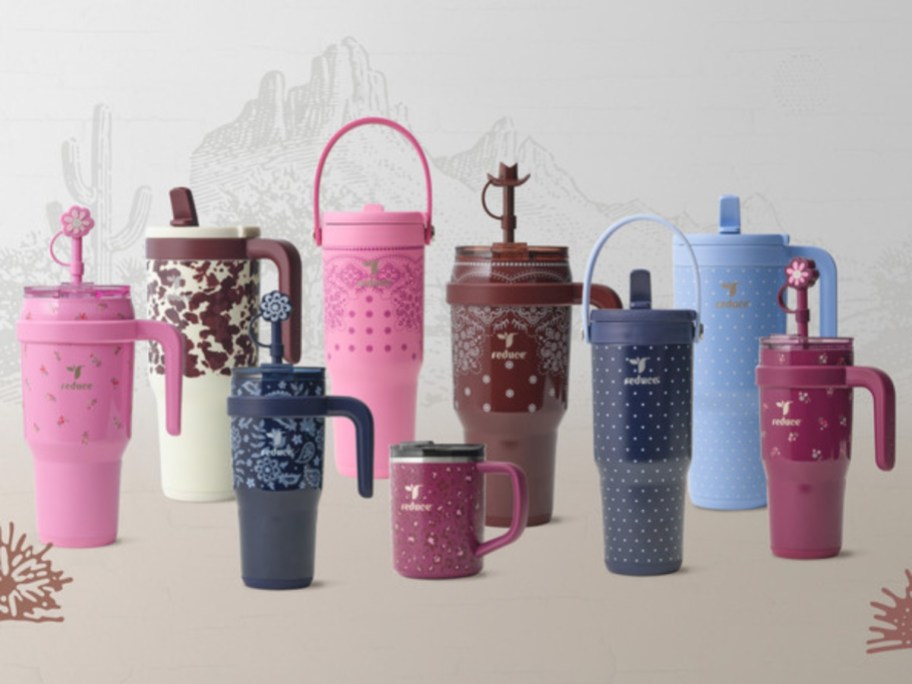 assorted tumblers in front of an illustrated desert background