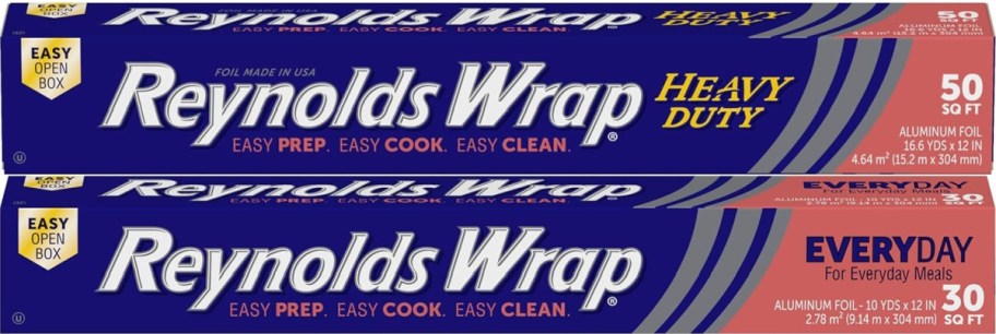 Two boxes of Reynolds Wrap, one labeled "Heavy Duty" 50 sq ft in blue and yellow, the other "Everyday" 30 sq ft in blue and red.