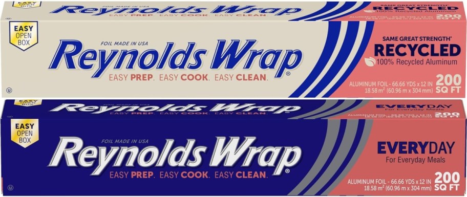 Two boxes of Reynolds Wrap aluminum foil. Top box is beige, labeled "Recycled" with red accents. Bottom box is dark blue, labeled "Everyday" in orange. Each has 200 sq ft of foil.