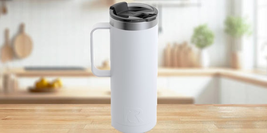 white rtic tumbler on counter