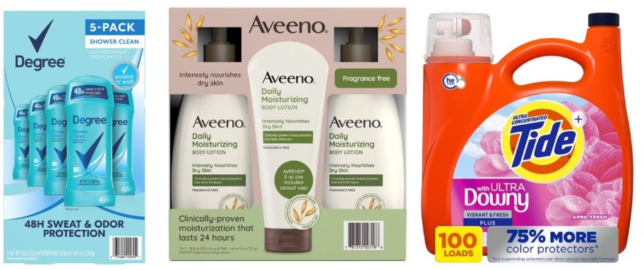 degree, aveeno, and tide