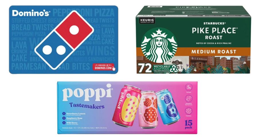 poppi, starbucks, and dominos gift card