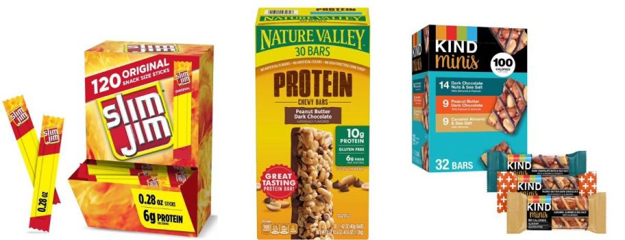 slim jims, nature valley, and kind bar boxes