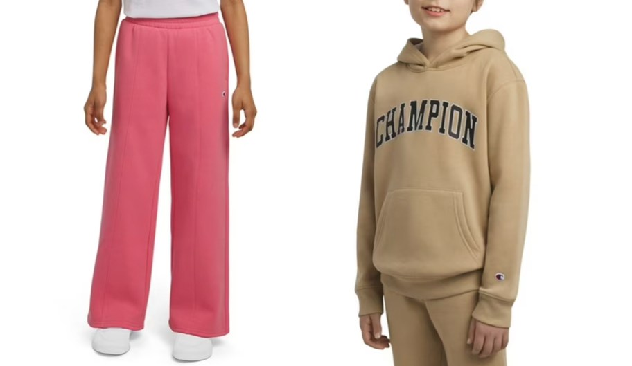 kids wearing pink sweatpants and tan champion hoodies