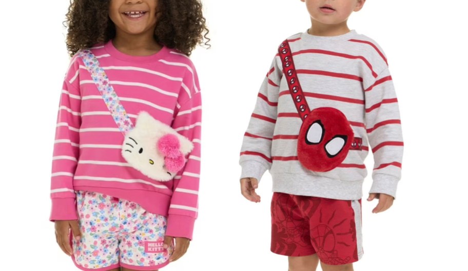 kids wearing hello kitty and spiderman clothing sets