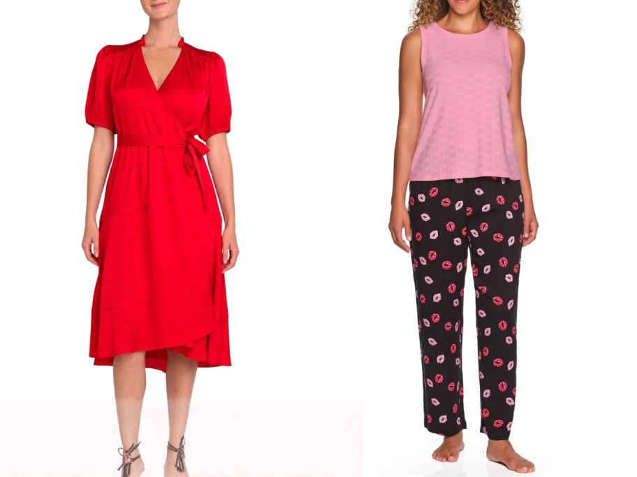 woman wearing red dress and woman wearing Valentine's pajamas