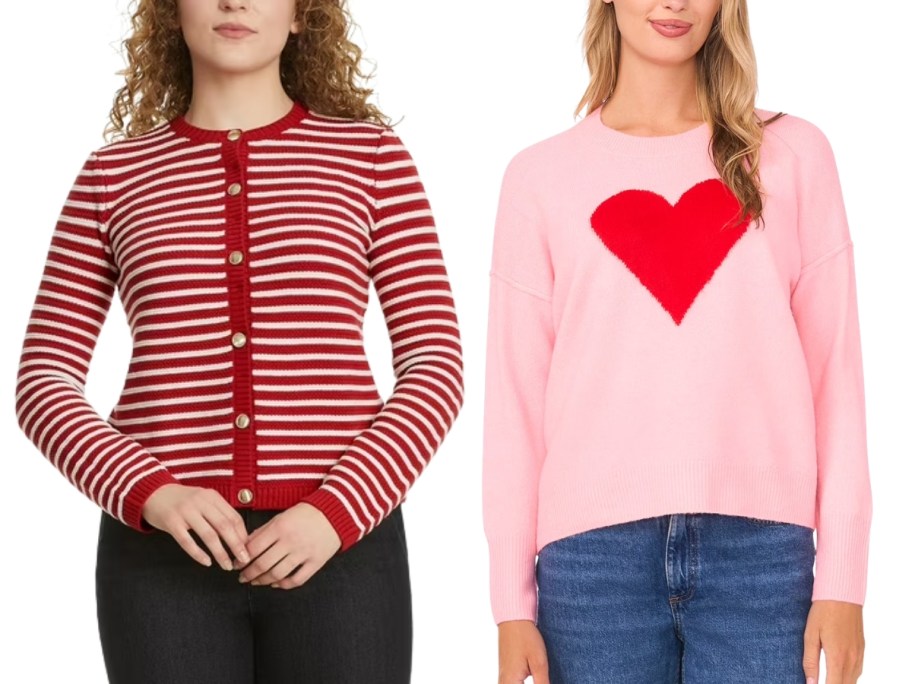 2 women wearing Valentine's Sweaters