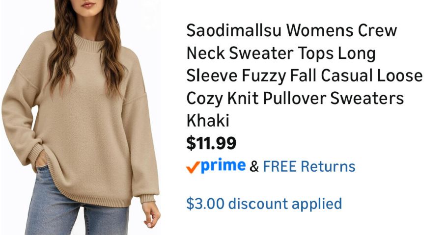 woman wearing beige sweater next to Amazon pricing information