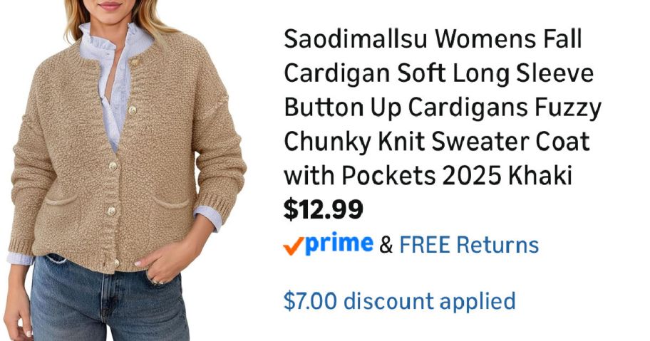 woman wearing tan cardigan next to Amazon pricing information