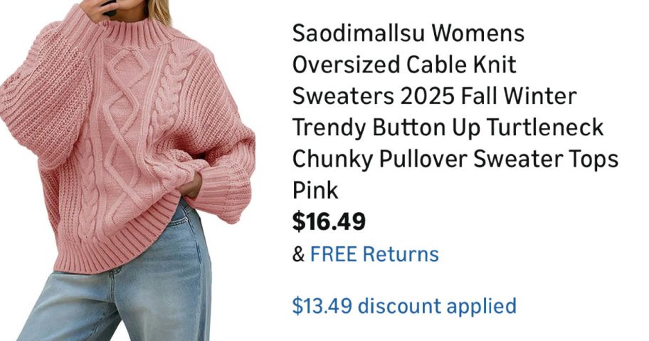 woman wearing pink sweater next to Amazon pricing information