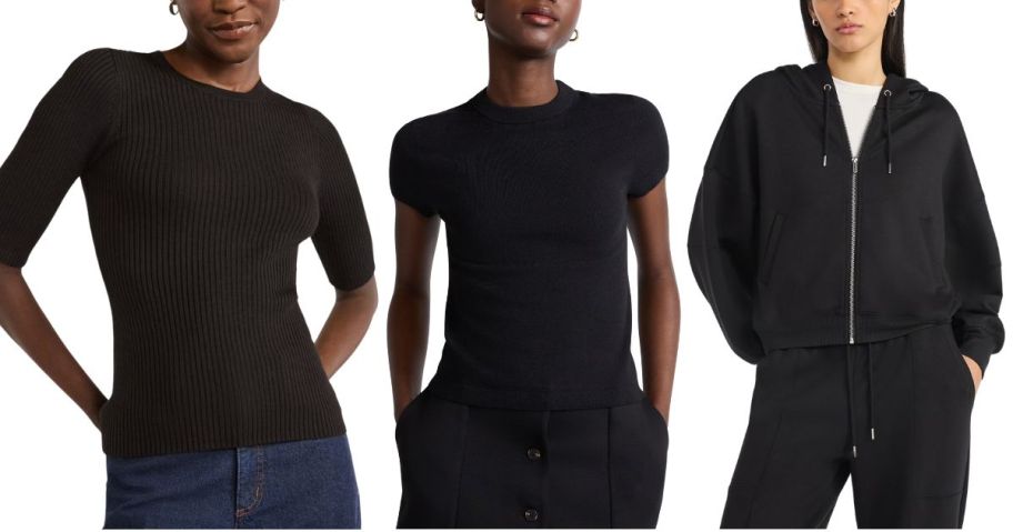 three women wearing scoop tops