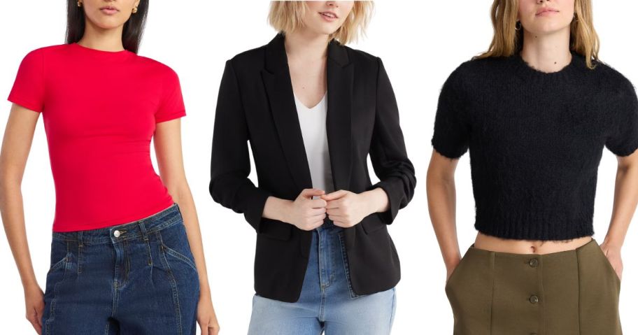 three women wearing scoop tops