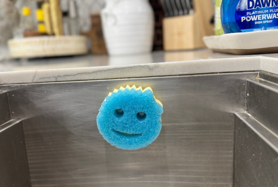 scrub daddy sponge on the holder attached to a sink