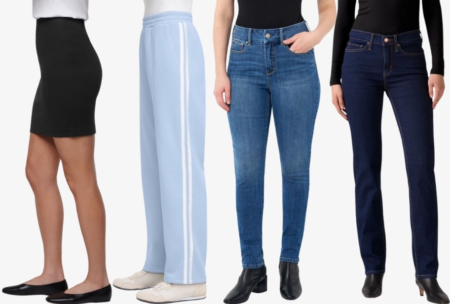 woman in a mini skirt, fleece pants and two women in jeans