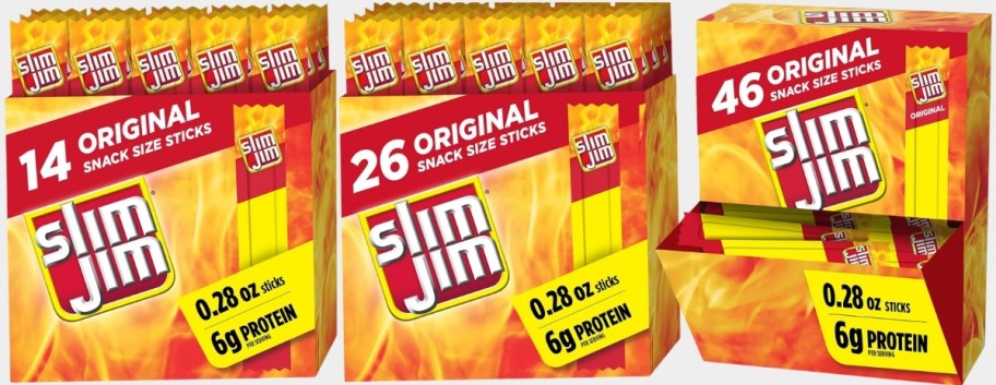 3 different size packs of slim jim jerky sticks