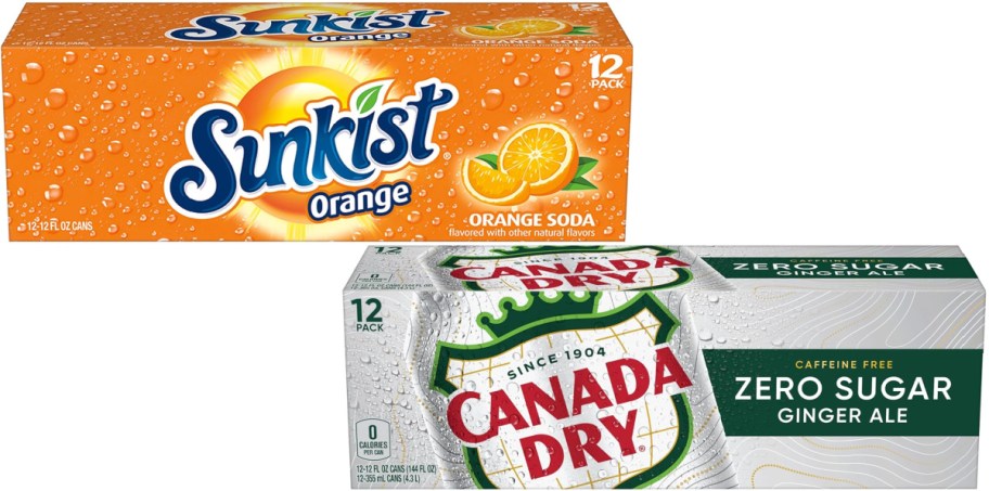 A box of Sunkist soda and a box of Canada Dry soda.