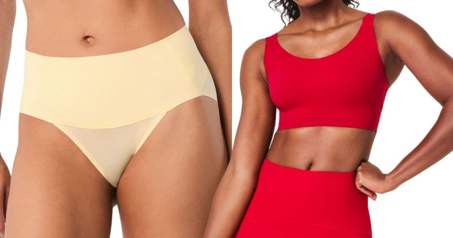 two women wearing spanx underwear and bra