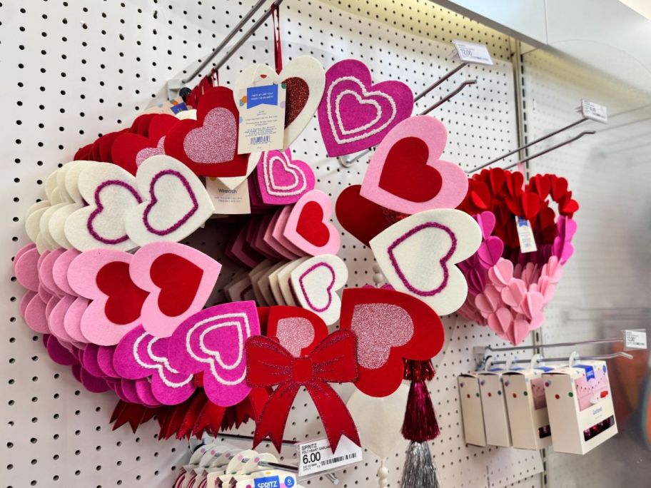 valentine's day wreaths hanging in store