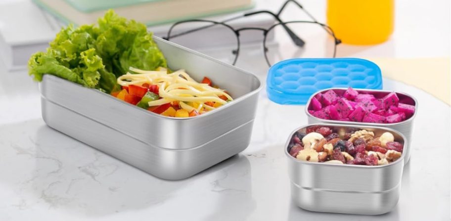 stainless steel food containers on desk