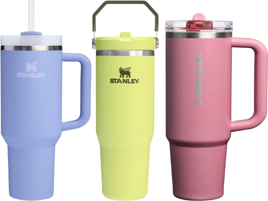 blue, yellow, and pink stankley tumblers