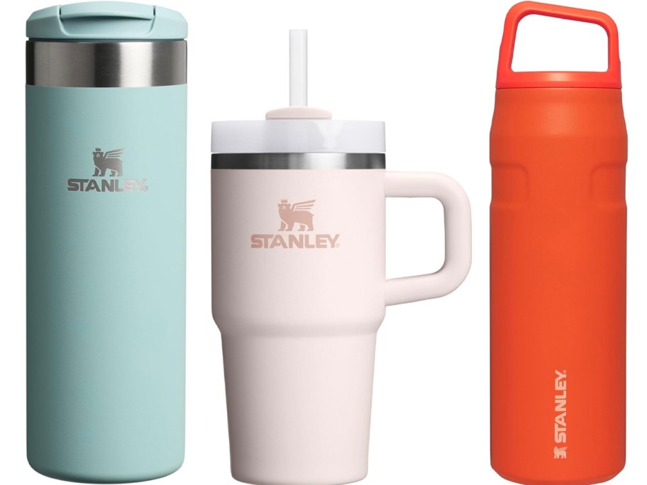 blue, pink, and orange stanley cups 