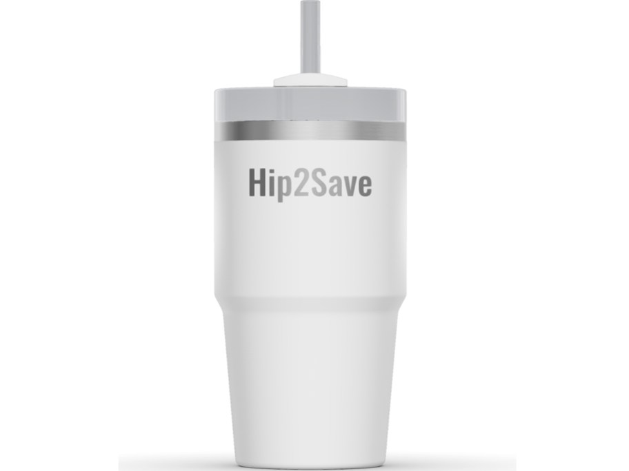 white stanley tumbler with Hip2save engraved on it