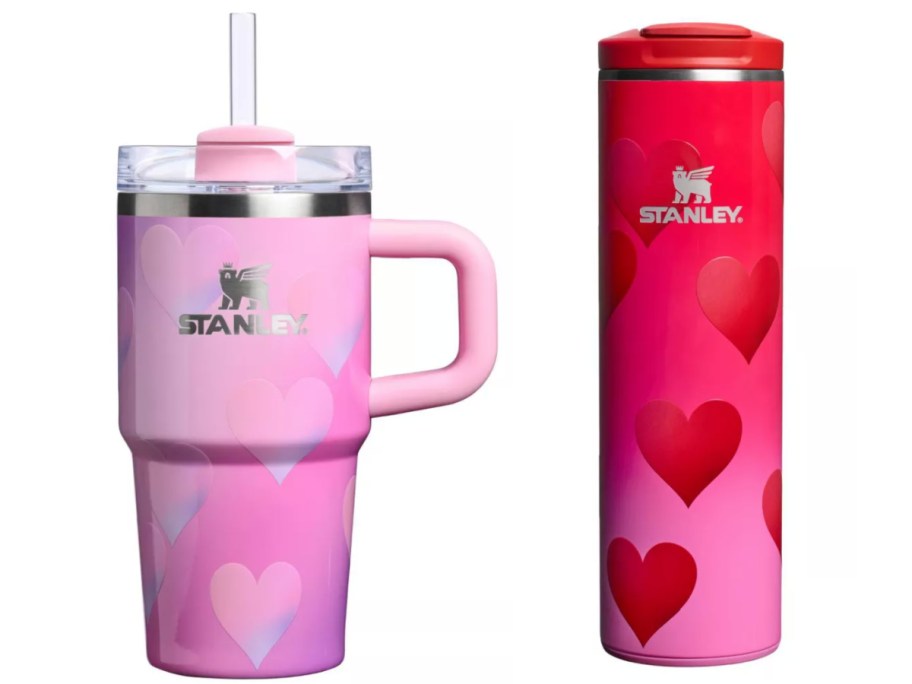 small pink tumbler with straw and tall red water bottle